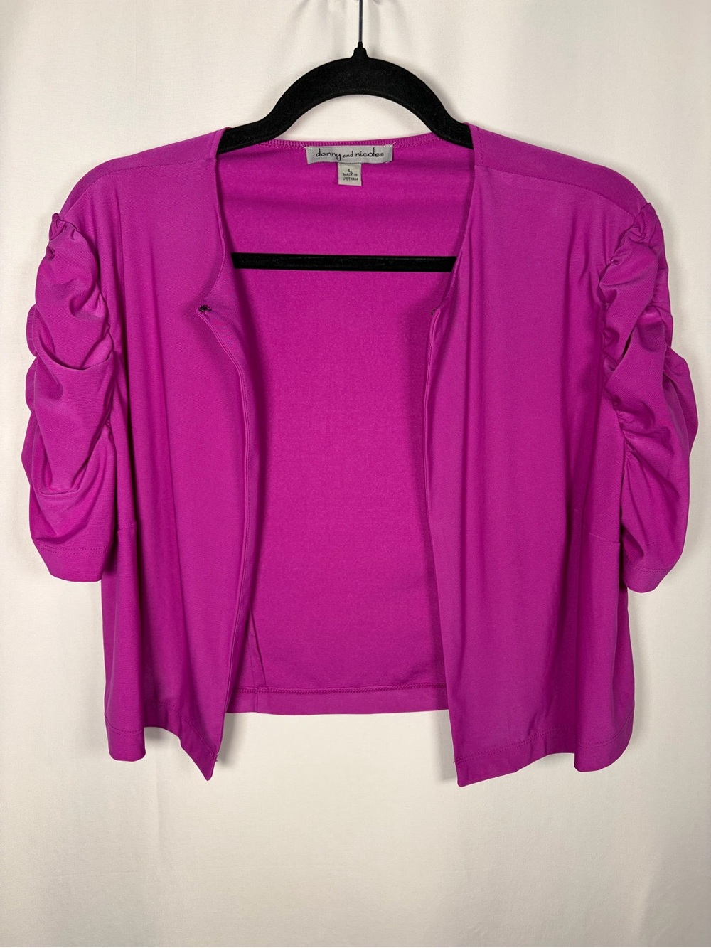 Fuchsia Bold Romantic Glam Open Front Puff Short Sleeve Cropped Shrug Jacket L